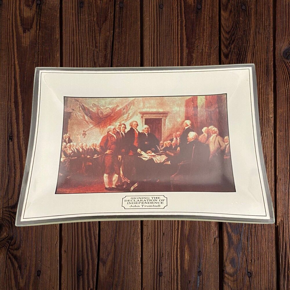 Vtg Patriotic Art 70s Glass Tray Signing of the Declaration of Independence 6x7”
